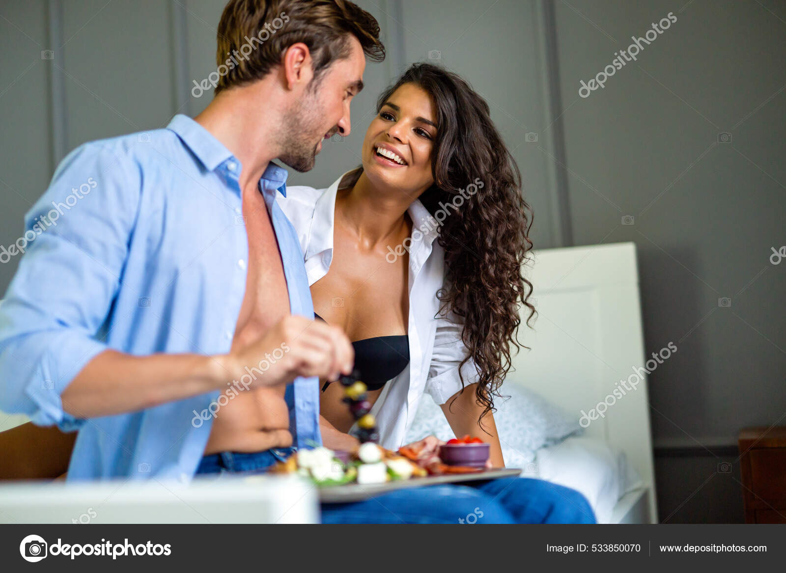 Portrait Happy Sexy Couple Enjoying Sensual Moments Together Food Wine  Stock Photo by ©nd3000 533850070