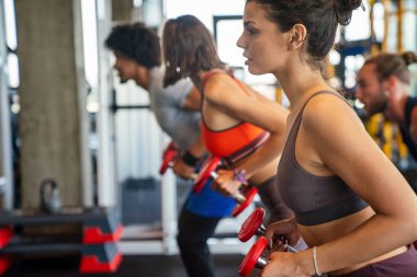 Spor salonunda sağlıklı kalmak için egzersiz yapan bir grup fit insan.