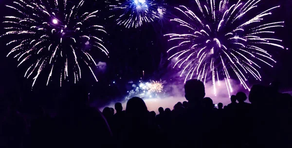 Multitud Viendo Fuegos Artificiales Celebrando Año Nuevo — Foto de Stock