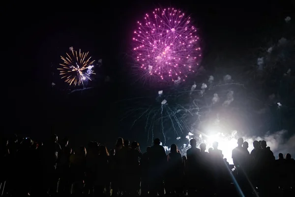 Multidão Assistindo Fogos Artifício Celebrando Noite — Fotografia de Stock