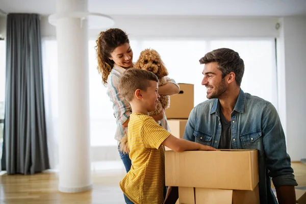 Happy Family Unpacking Boxes New Home Moving Day People Real — Stock Photo, Image