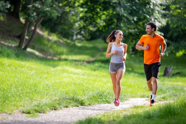 Happy Couple Running Together Park — Stock Photo, Image