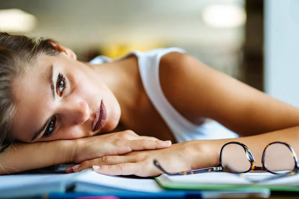 Tired Young Female Studying Preparing Exam College Library Study Education — Stockfoto