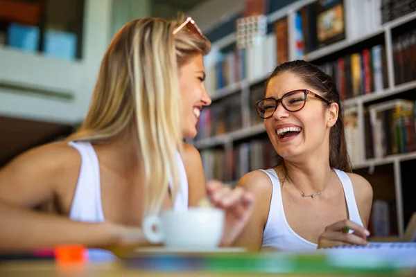 Portrait Happy Young Friends Studying Together Library Education Study Teenager — Stock Photo, Image