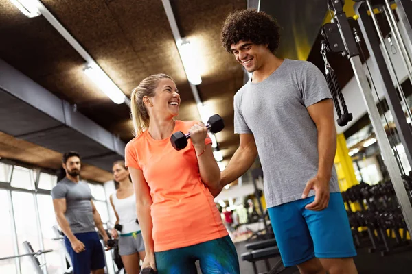 Portrait Happy Fit Young Sporty People Friends Exercising Gym Together — Stock Photo, Image