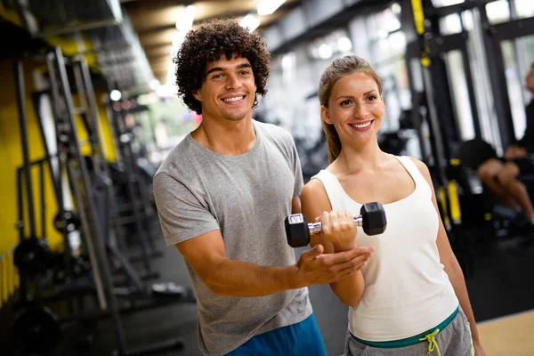 Fit Happy Woman Her Personal Fitness Trainer Gym Exercising Dumbbells — Fotografia de Stock