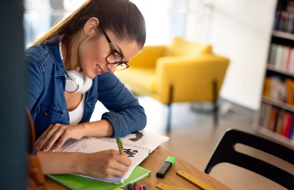 Happy Young Female Studying Preparing Exam College Library Study Education — Stock Photo, Image