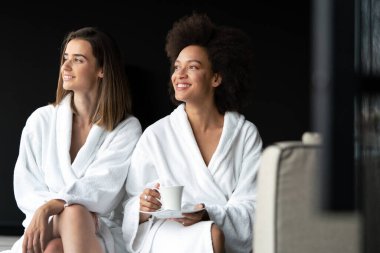 Güzel seksi kadınlar gün ışığında pencerenin önünde iç çamaşırlarıyla poz veriyorlar.
