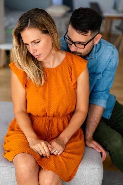 Sad Pensive Couple Thinking Relationships Problems Sitting Sofa Conflicts Marriage — Stock Photo, Image