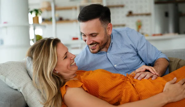 Happy Man Touching Belly Smiling Pregnant Woman Lying Sofa Happiness — Stock Photo, Image
