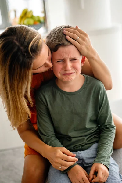Portrait Mother Consoling Her Crying Sad Injured Son Child Family — Stock Photo, Image