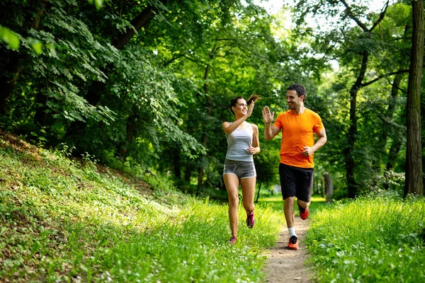 Portrait Happy Young Fit People Running Together Outdoors Couple Sport — Stock Photo, Image