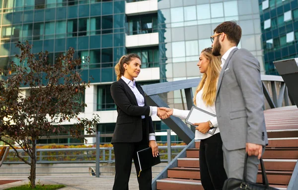Group Young Business Man Woman Team Office Shaking Hands Outdoors —  Fotos de Stock