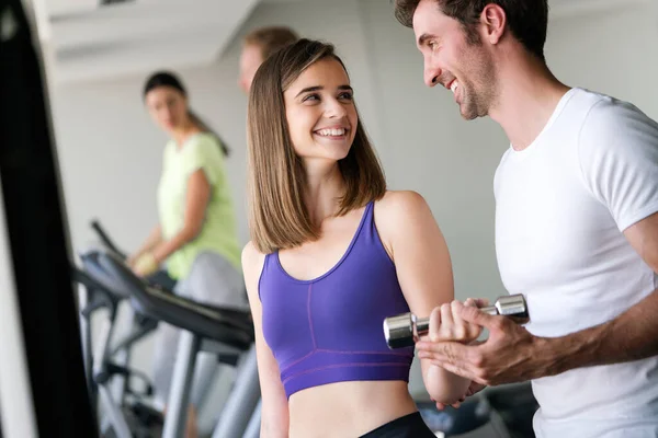 Fitness Sport Beweging Dieet Concept Glimlachende Jonge Vrouw Personal Trainer — Stockfoto