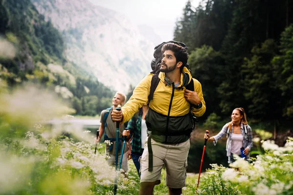 People Hiking Group Happy Hiker Friends Trekking Part Healthy Lifestyle  Stock Photo by ©nd3000 419398954