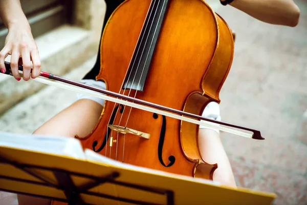 Happy Young Female Musician Playing Cello People Art Concept — стоковое фото