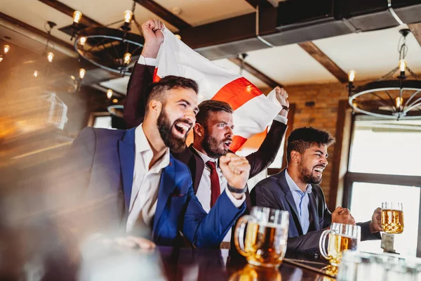 Businessmen Fans Screaming Watching Football Drink Beer Pub — 스톡 사진