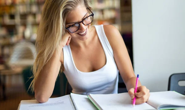 Portrait Happy Young Female Student Taking Notes Book Preparing Exam — Stock Photo, Image