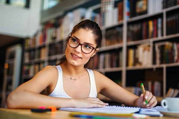Portrait Happy Young Female Student Taking Notes Book Preparing Exam — Stock Photo, Image
