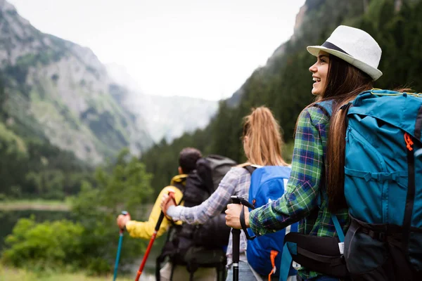 Group Happy Fit Young Friends Hiking Trekking Together Outdoor Nature — Stock Photo, Image