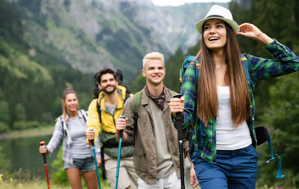 Adventure Travel Tourism Hike People Concept Group Smiling Friends Backpacks — Stock Photo, Image
