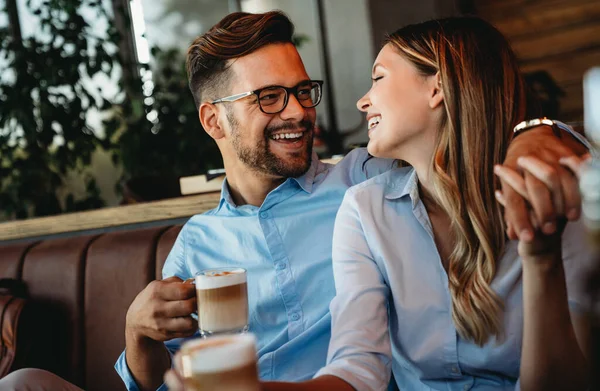 Romantic Loving Young Couple Drinking Coffee Having Date Cafe — Stock Photo, Image