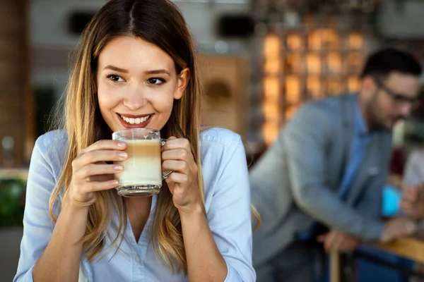 Portrait Happy Young Successful Business Woman Drinking Coffee Break Background — 스톡 사진