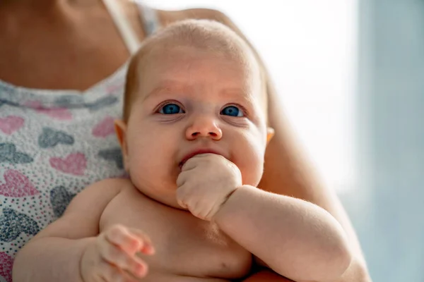 Young Tender Happy Mother Hugging Her Newborn Baby Smiling Family — Stock Photo, Image