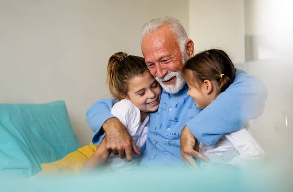Happy Children Senior Grandfather Laughing Enjoying Leisure Time Together Family — Stock Photo, Image