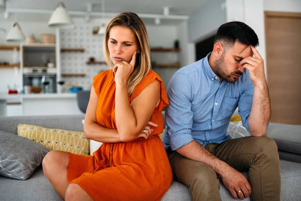 Sad Pensive Couple Thinking Relationships Problems Sitting Sofa Conflicts Marriage — Stock Photo, Image