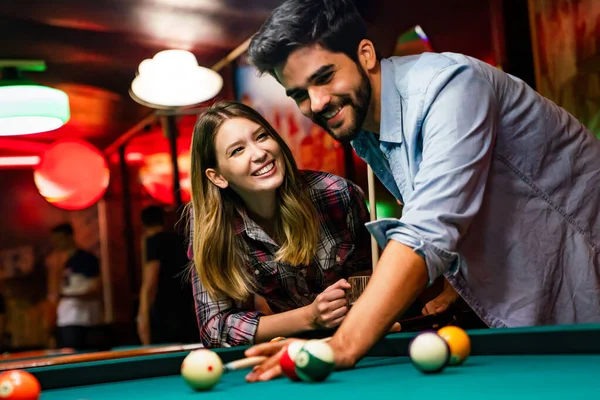 Happy Young Smiling Couple Enjoying While Playing Billiard Bar People — Stock Photo, Image