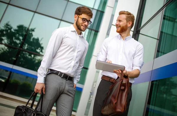 Two Successful Businessmen Walking Outdoor Business Friendship Communication Concept — Stockfoto
