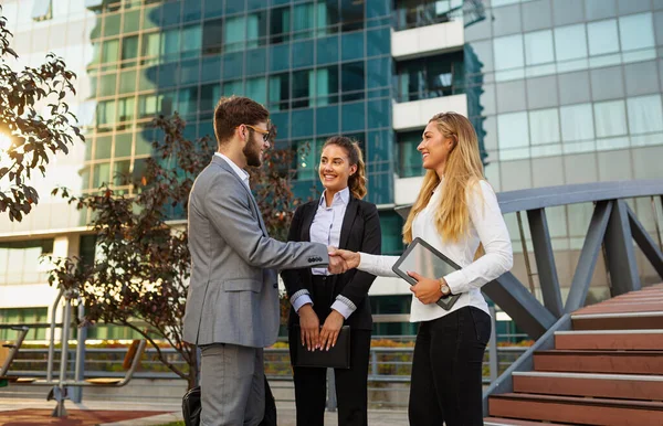 Group Young Business Man Woman Team Office Shaking Hands Outdoors — 스톡 사진