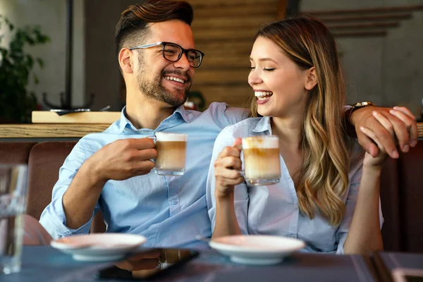 Romantic Loving Young Couple Drinking Coffee Having Date Cafe — ストック写真