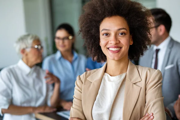 Portrait Successful Black Young Business Woman Smiling Corporate Office — Stockfoto