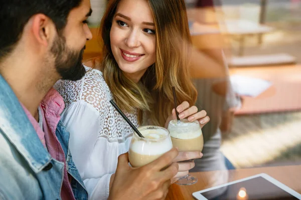 Romantic Loving Young Couple Drinking Coffee Having Date Cafe — ストック写真