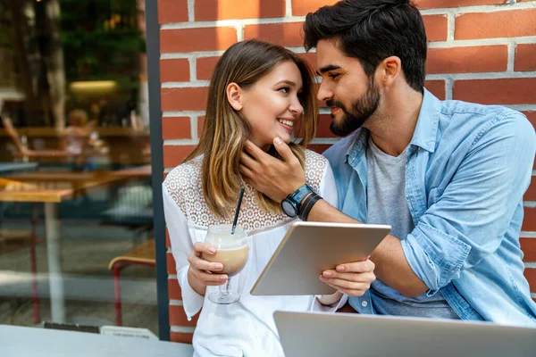 Happy Couple Love Using Digital Devises Work Study Social Media — Stockfoto