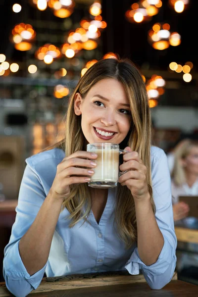 Portrait Happy Young Successful Business Woman Drinking Coffee Break — Photo
