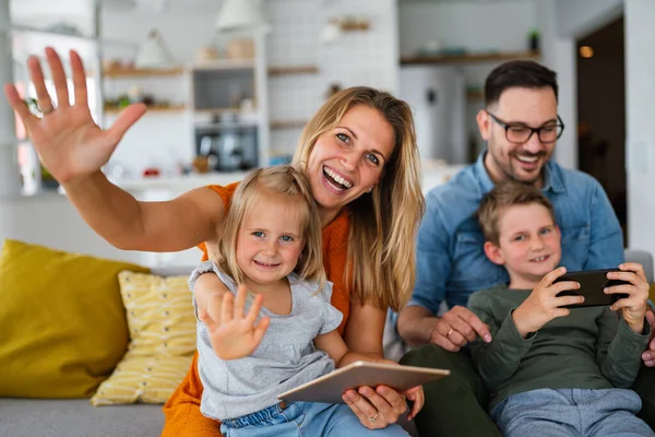 Happy Young Family Having Fun Time Home Parents Children Using — Stock Photo, Image