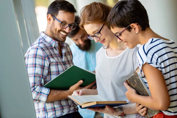 Happy Group Students Studying Working Together College Library Education People — Stock Photo, Image