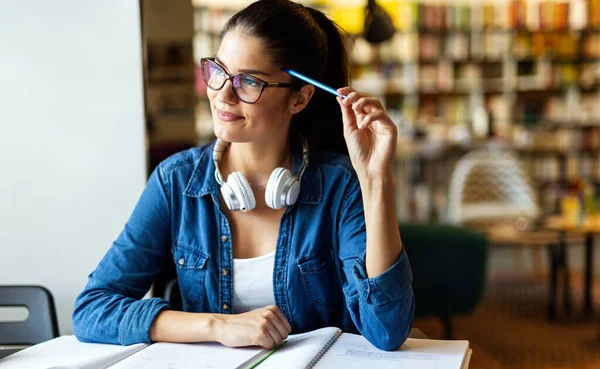 Happy Young Female Studying Preparing Exam College Library Study Education — Stock Photo, Image