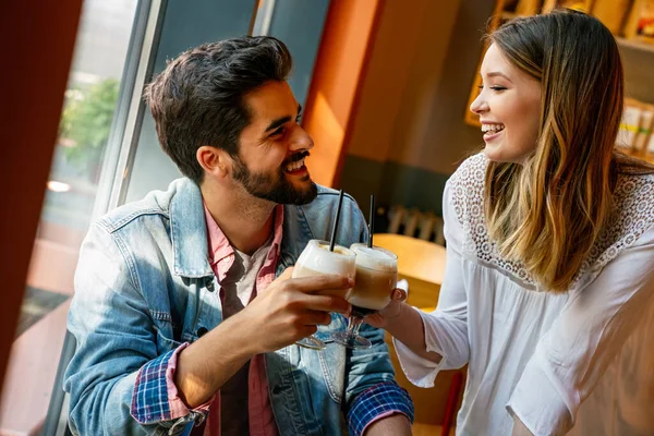 Romantic Loving Young Couple Drinking Coffee Having Date Cafe — ストック写真