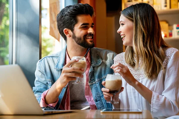 Romantic Loving Young Couple Drinking Coffee Having Date Cafe — ストック写真