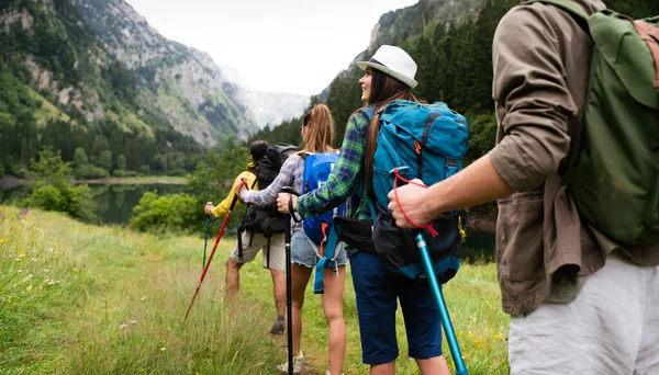 Group of fit healthy friends hiking trekking in the mountains