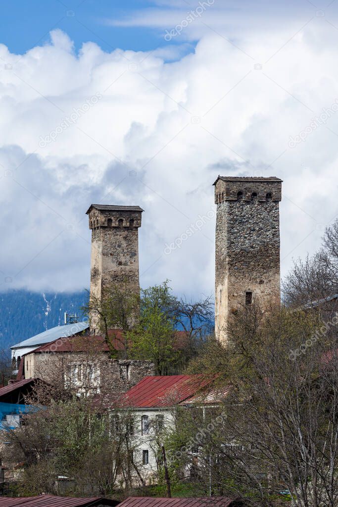 Traditional ancient Svan Towers in Upper Svaneti, Caucasus. Traveling in Georgia