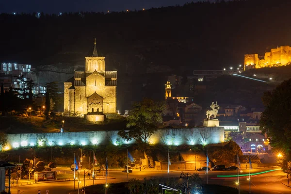 Tbilisi Georgia November 2021 Narikala Fortress Metekhi Church Night Travel — Photo