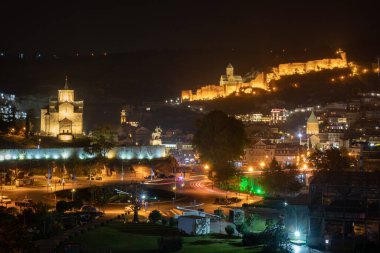 Tbilisi, Georgia - 6 November, 2021: Narikala Fortress and Metekhi church at night, Travel