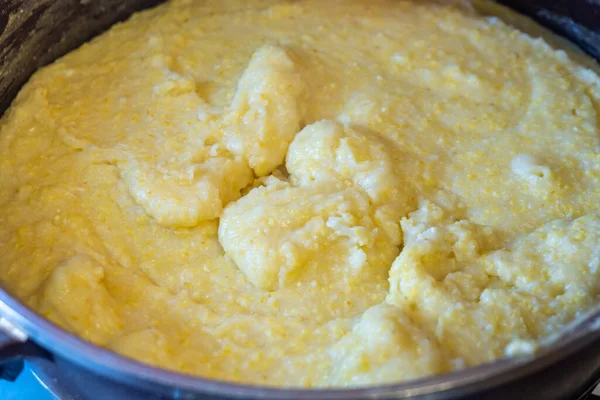 Ghomi Popular Dish Made Yellow Coarse Cornmeal Big Kettle Food — стокове фото