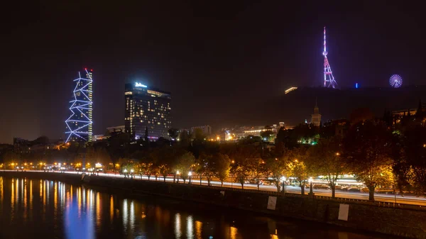 Tbilisi Georgia November 2021 Night View Tbilisi City Kura River — Zdjęcie stockowe