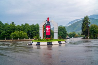 Ambrolauri, Georgia - 3 October, 2021: Monument of Georgian wine Khvanchkara, one of the most popular Georgian wine